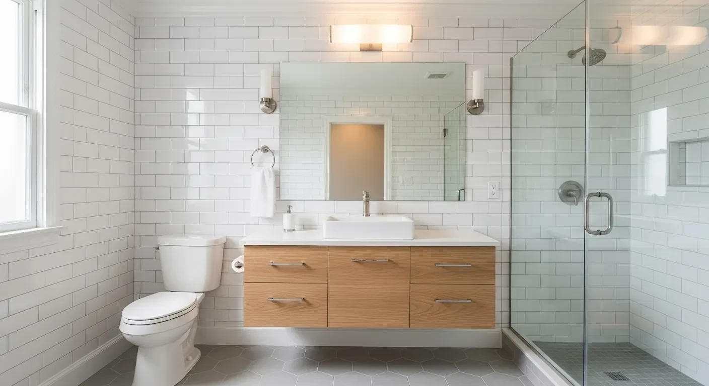 Completed full bathroom remodel with neutral finishes in Kensington