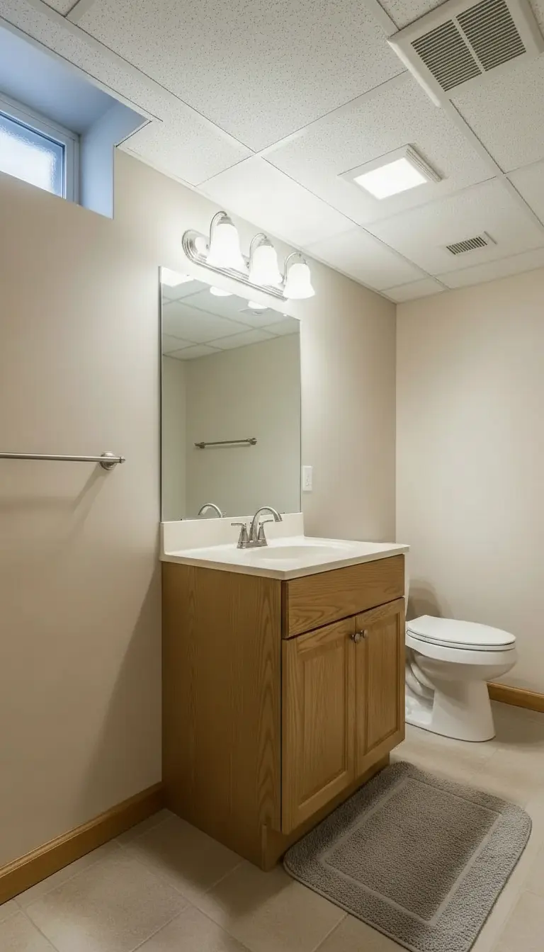 Finished basement bathroom with proper lighting and moisture control venting