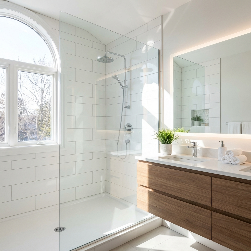 Full bathroom remodel in Calgary featuring modern finishes and layout changes