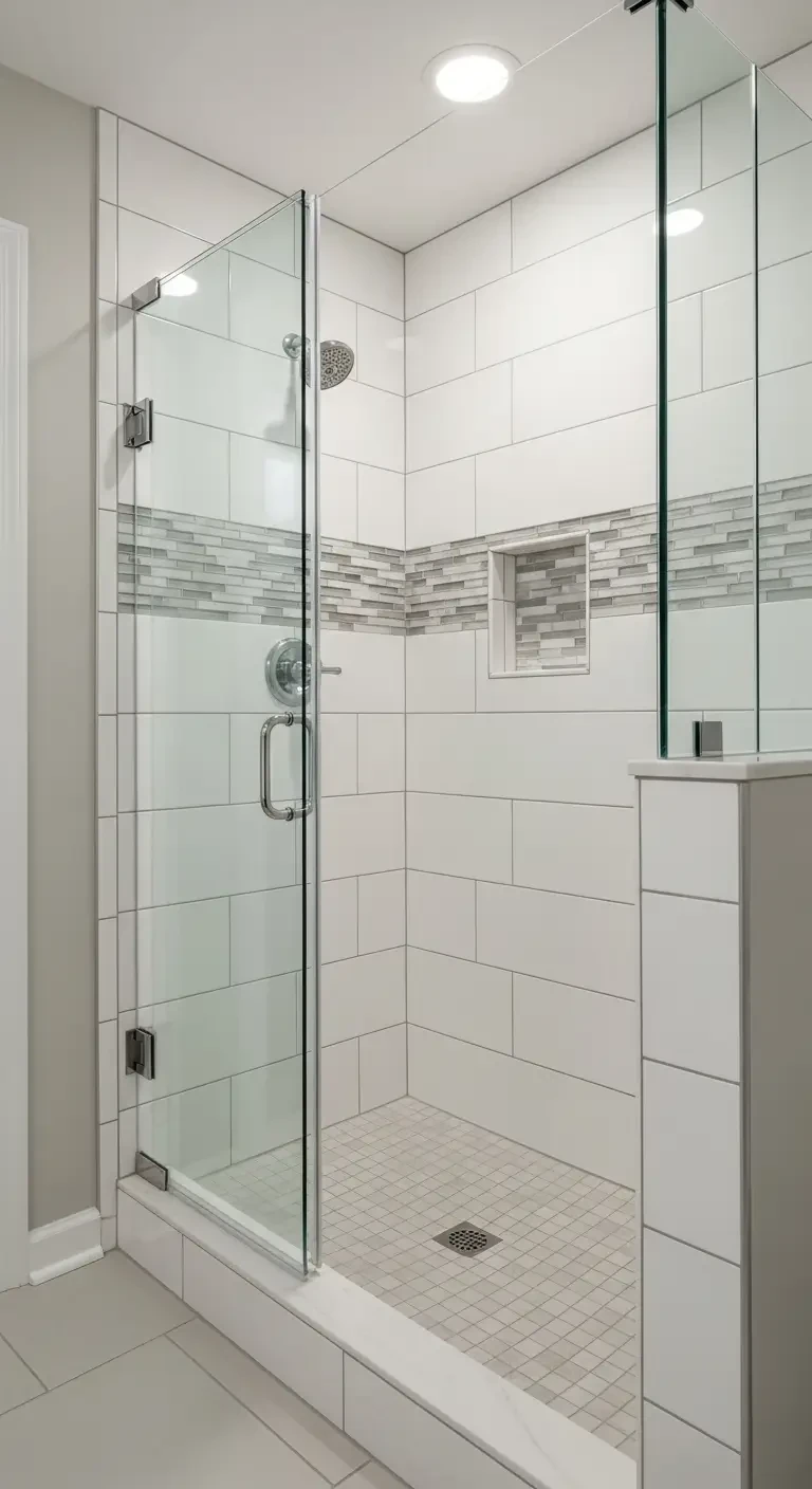 Modern walk-in shower renovation with glass enclosure and tile work