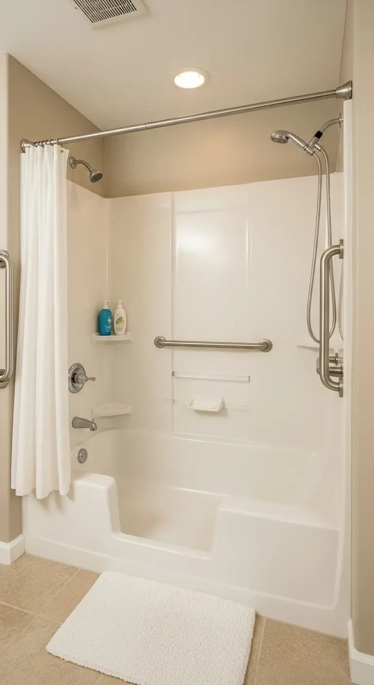 Bathtub converted to accessible shower with safety features