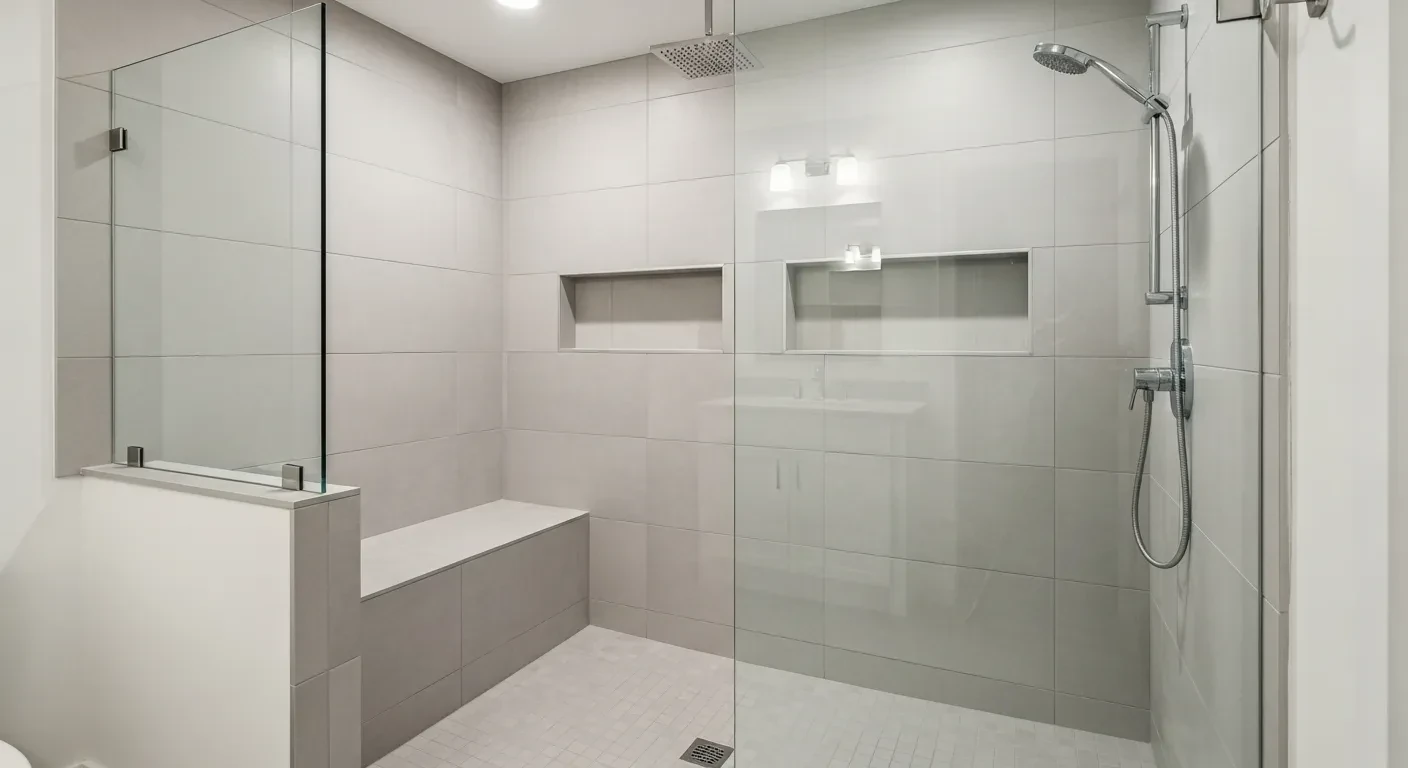 New walk-in shower with frameless glass in Kensington remodel