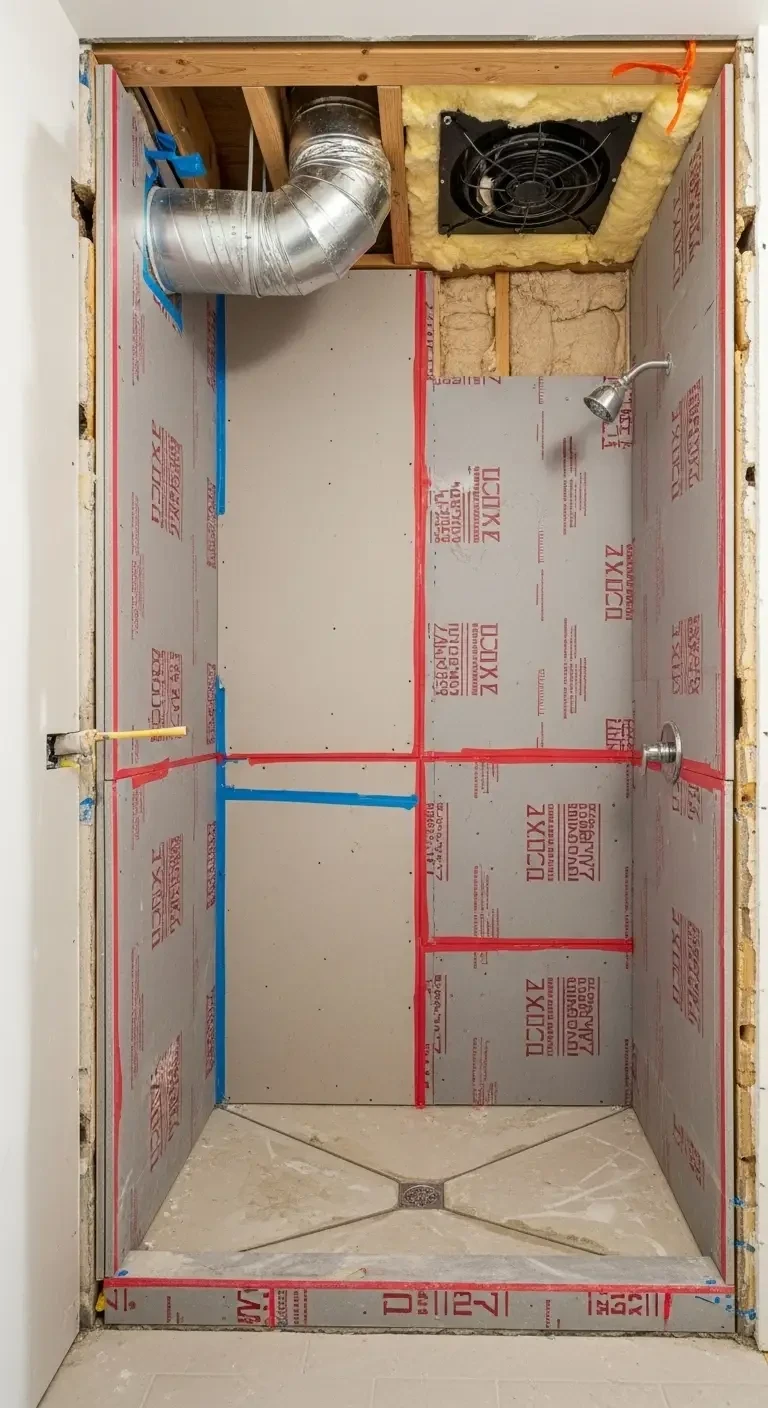 Bathroom during construction showing waterproofing systems and ventilation