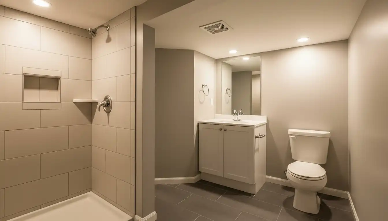 Wide angle view of completed basement bathroom in SE Calgary
